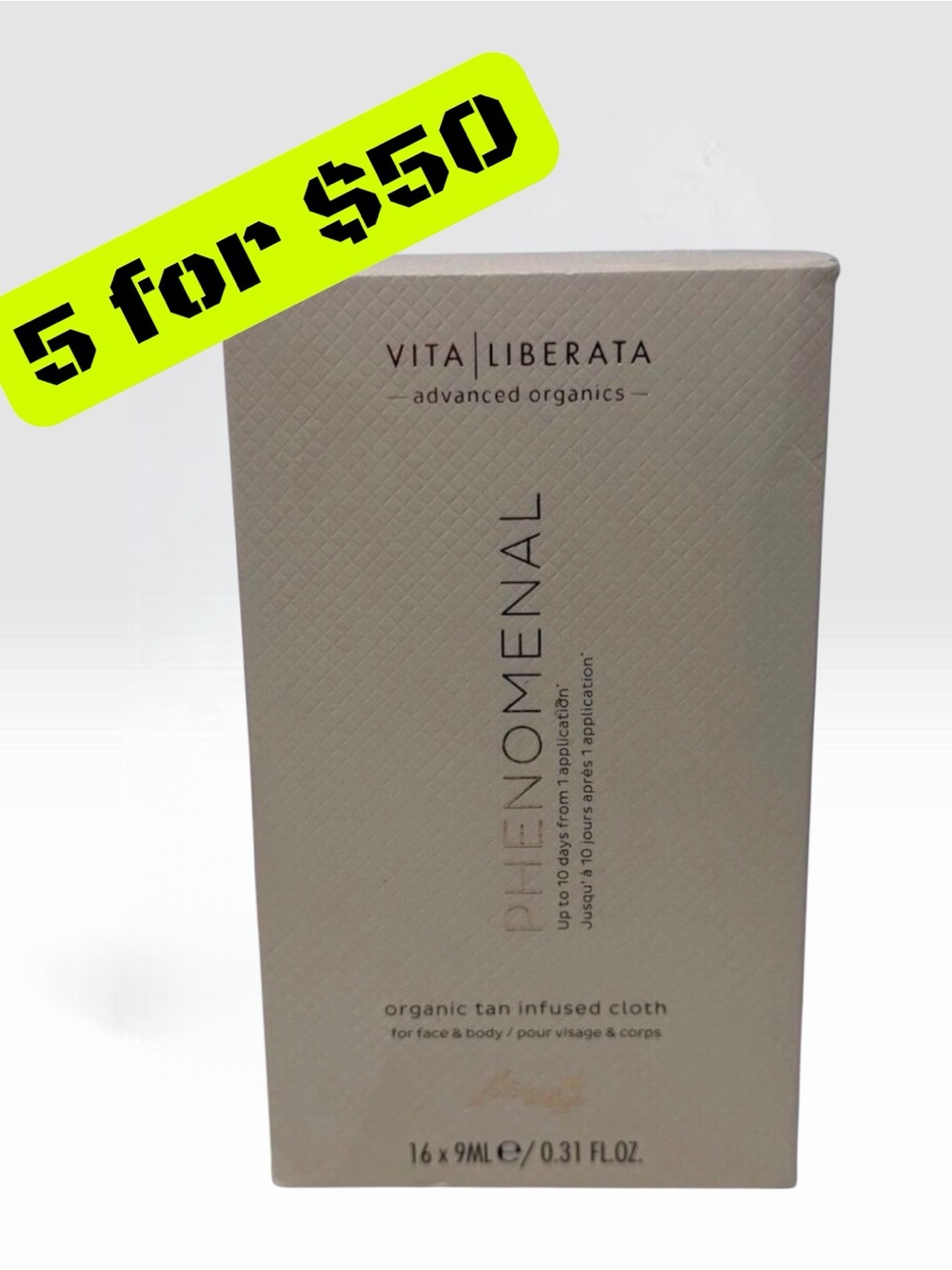 5 ITEMS FOR $50
($39) 16 x Vita Liberata Phenomenal Organic Tan Infused Cloths